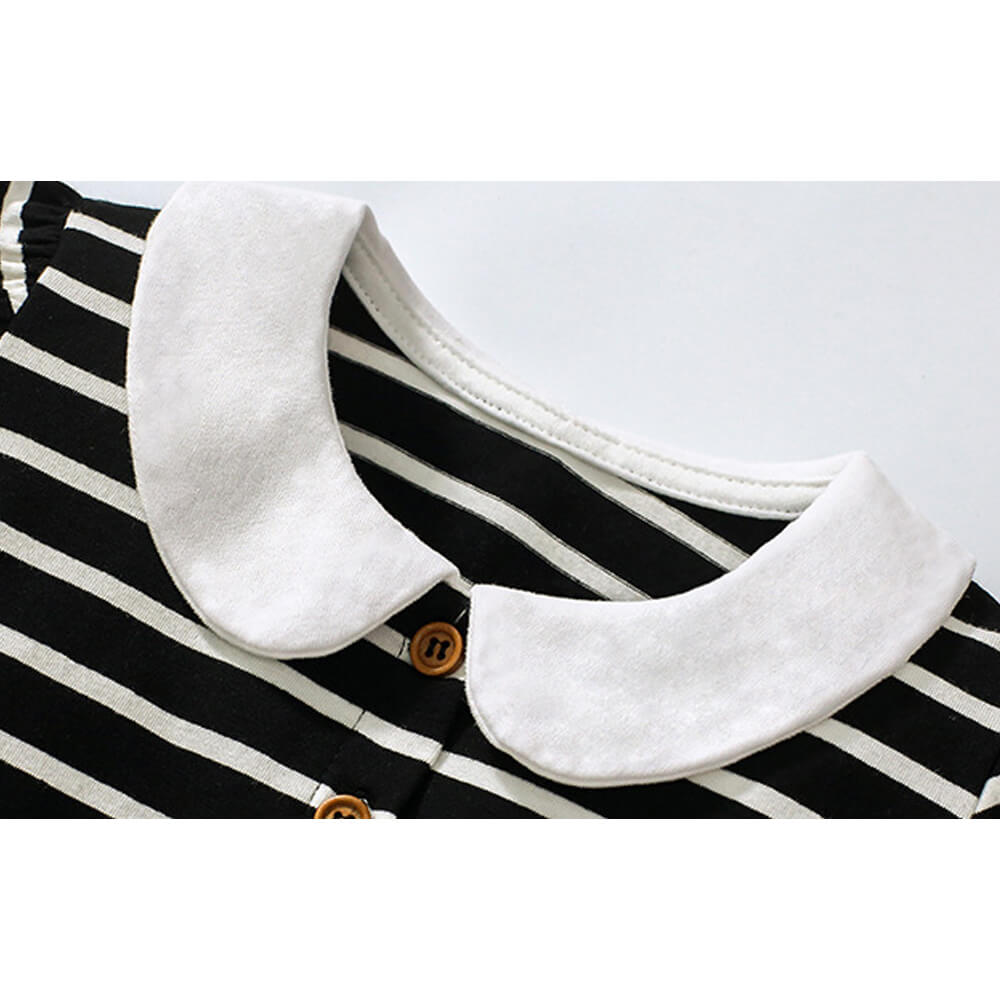 Classic Black & White Striped Dress with Rainbow Accent for Girls - Short Sleeve