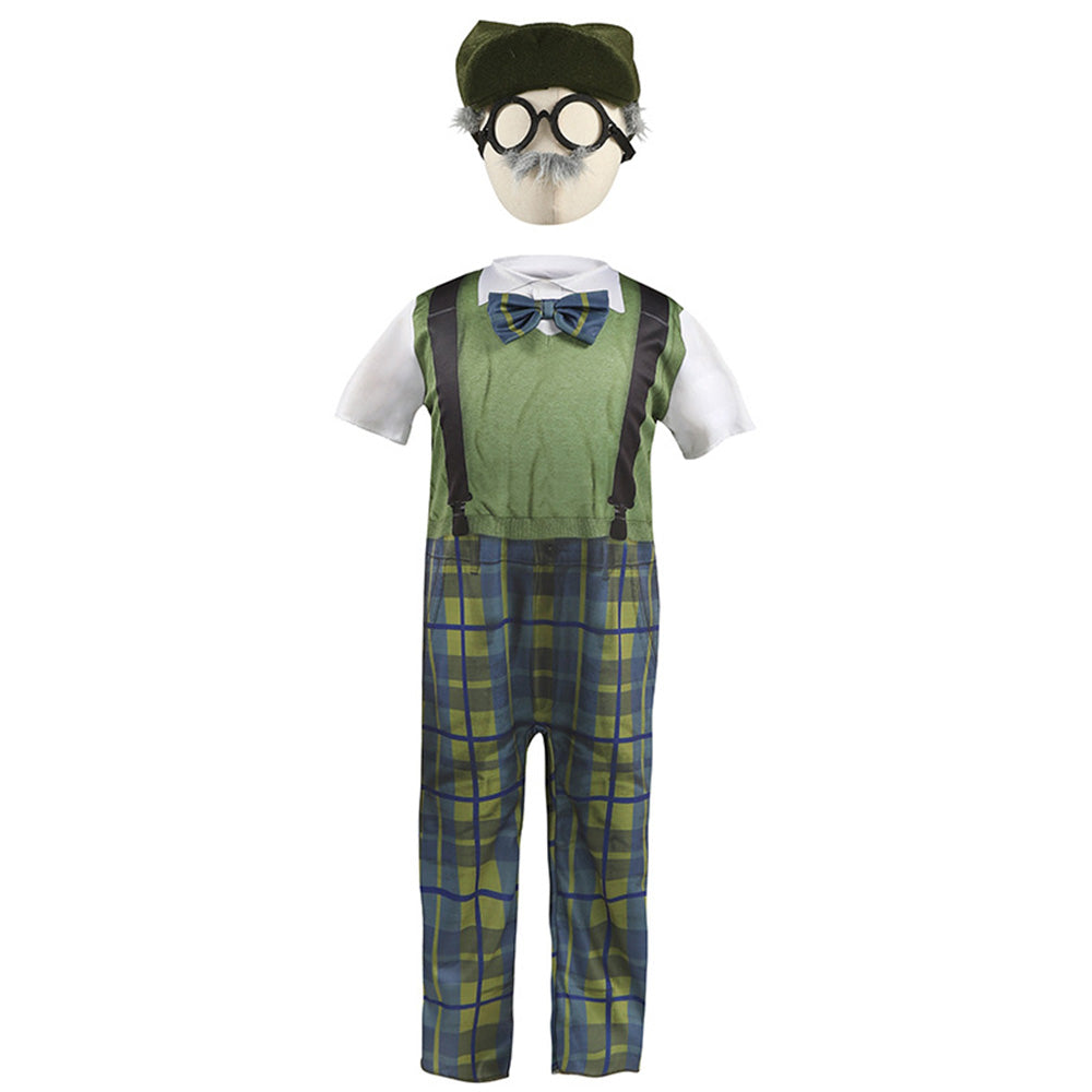 Tiny Cuddling Children's Grandpa Costume - Halloween Cosplay Old Man Outfit with Hat and Glasses, Plaid Pants, and Suspenders