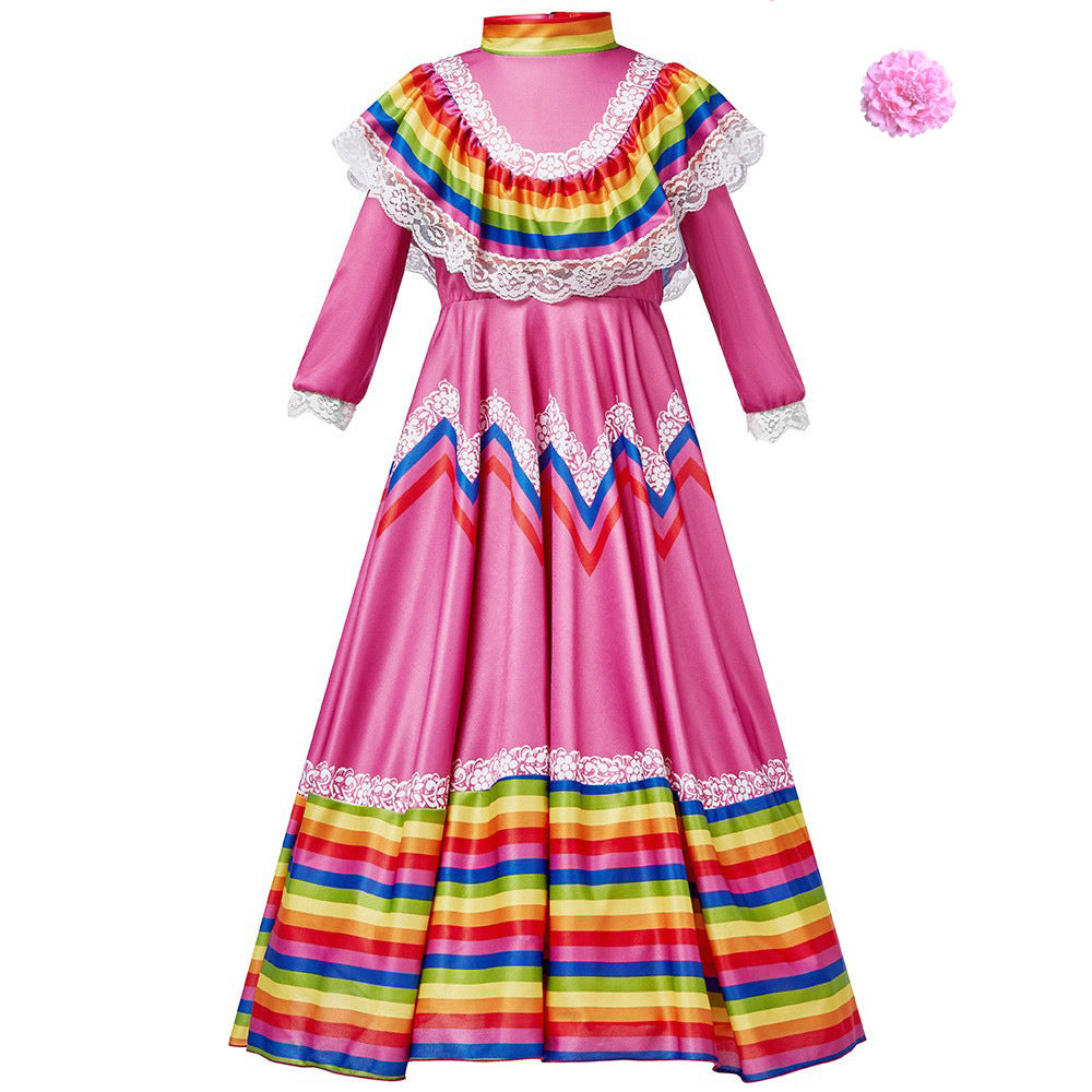 Tiny Cuddling Mexican Folk Dance Dress for Girls - Halloween Costume, School Performance Outfit, Traditional Long Skirt