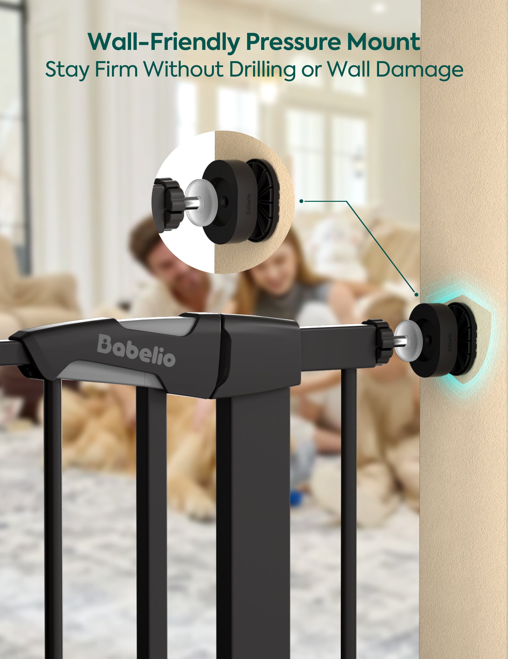 Black Babelio wall-mounted pressure mount gate hardware shown attached to a beige wall, with a close-up inset of the mounting hardware and marketing text about wall-friendly installation.#Color_Black