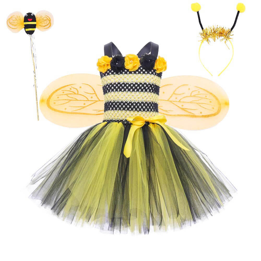 Charming Bumblebee Dress with Wings & Antennae Headband for Girls - Festive Cartoon Bee-Themed Dance Costume