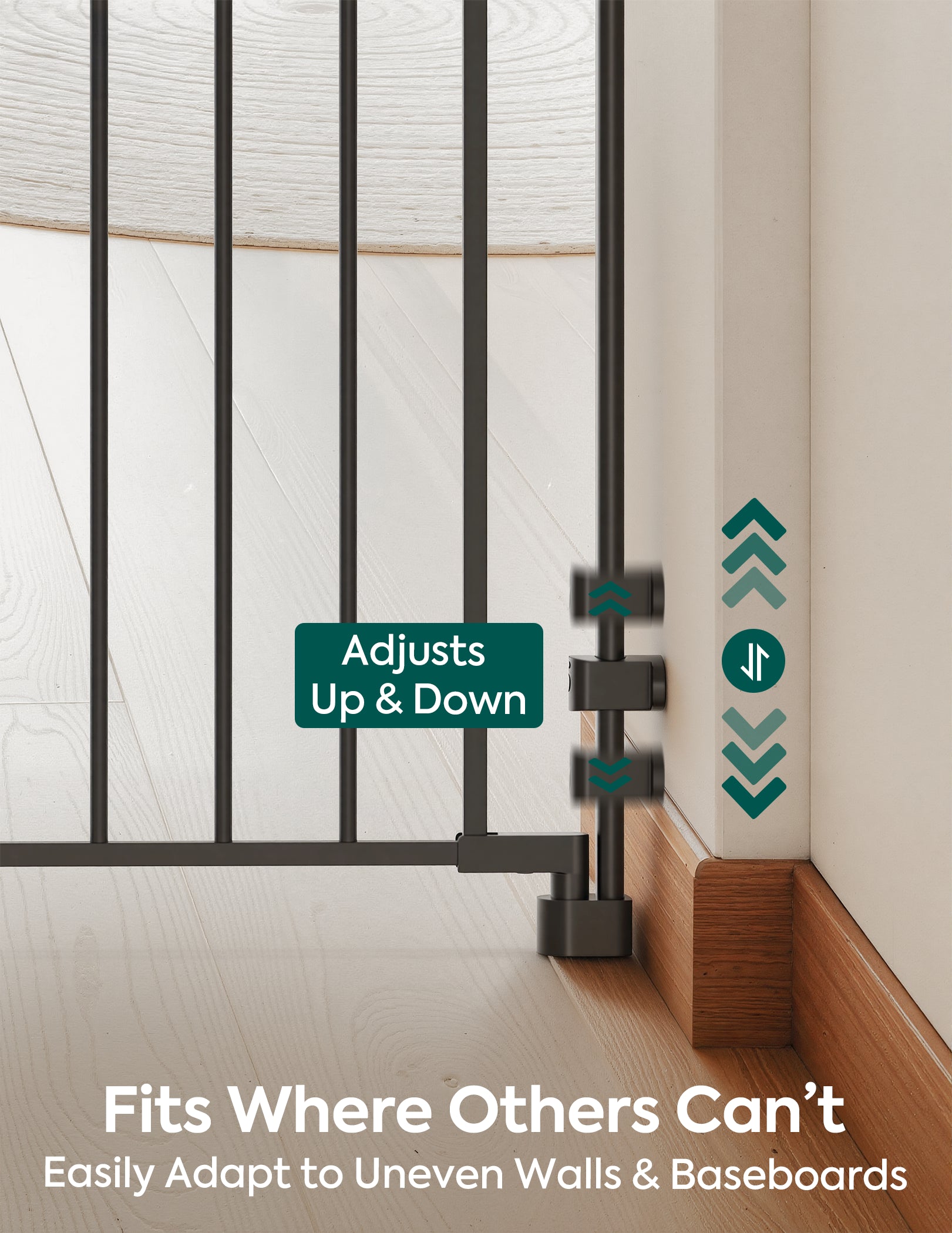 Product advertisement for a security gate system with adjustable features.#Color_Black