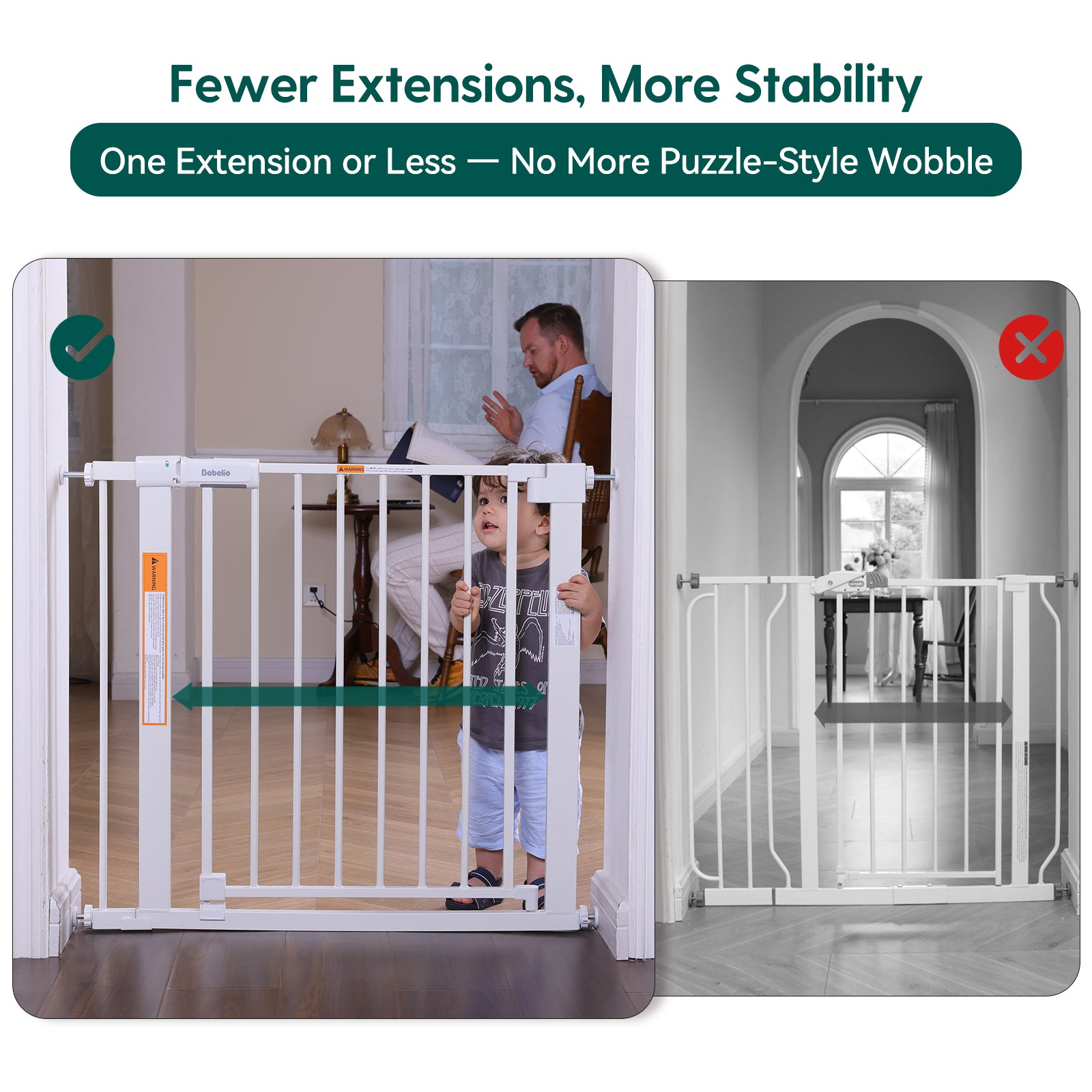 Child safety gate with stability improvement feature, showing a family using the gate.#Color_White