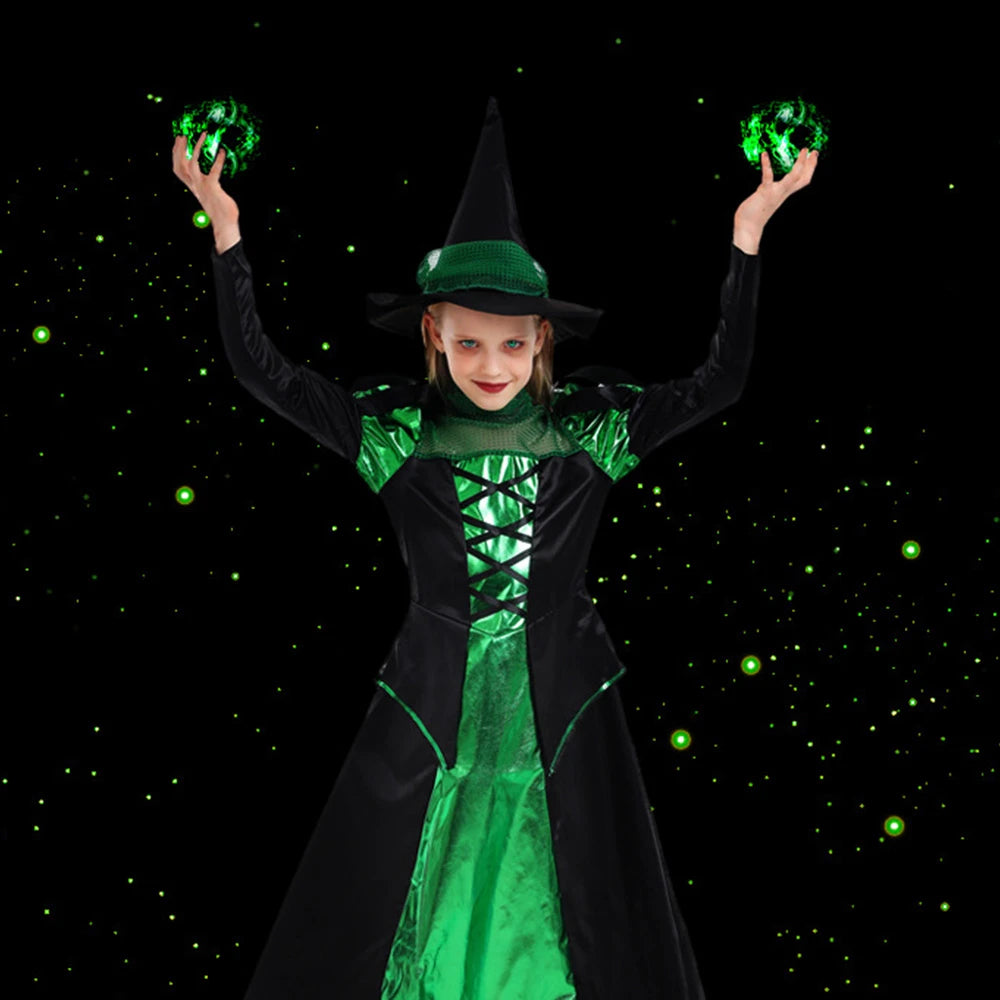 Tiny Cuddling Green and Black Witch Long Dress for Girls | 2024 Halloween Costume