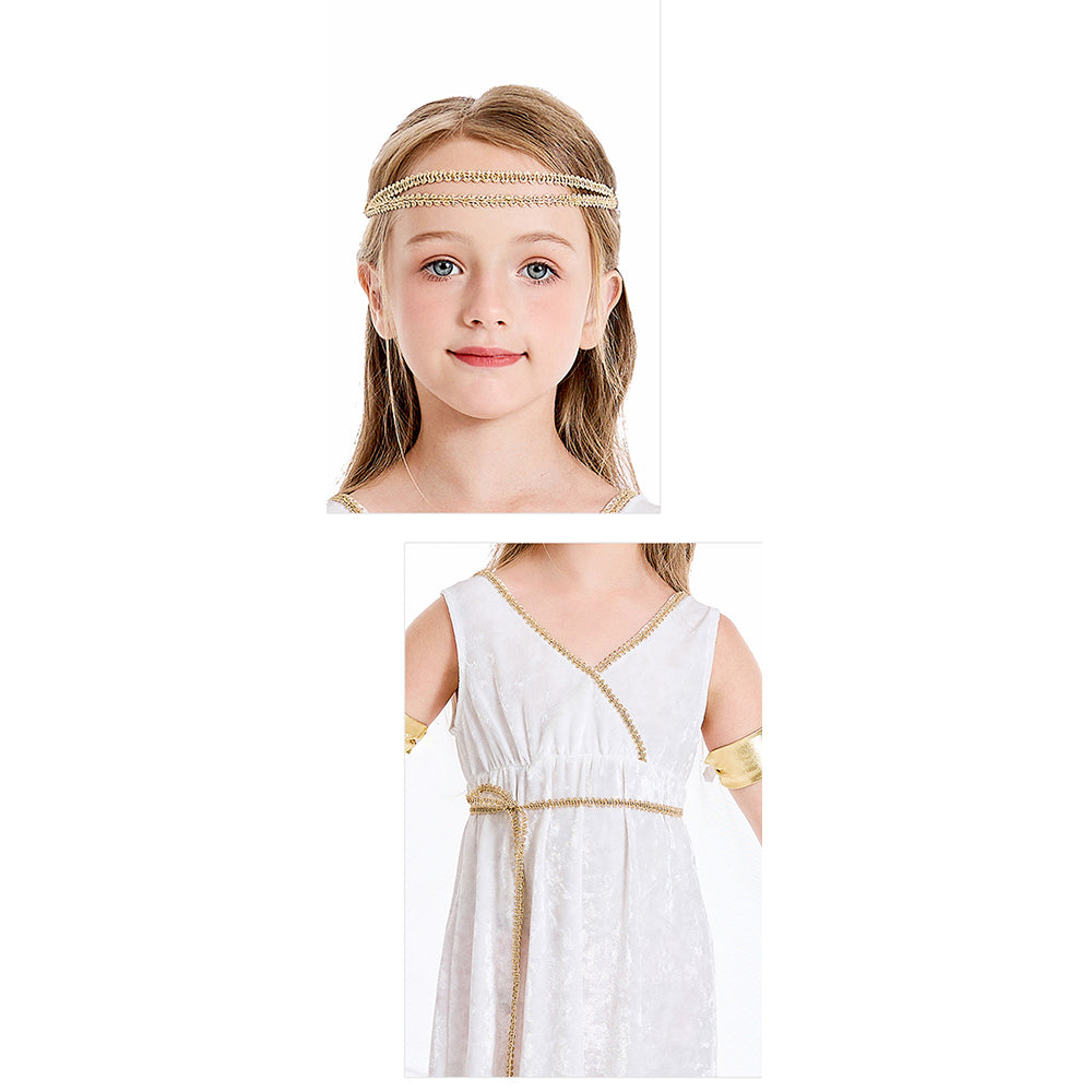 Tiny Cuddling Greek Mythology Inspired Girls' White Gown with Golden Cape 鈥?Perfect for Halloween and Costume Parties