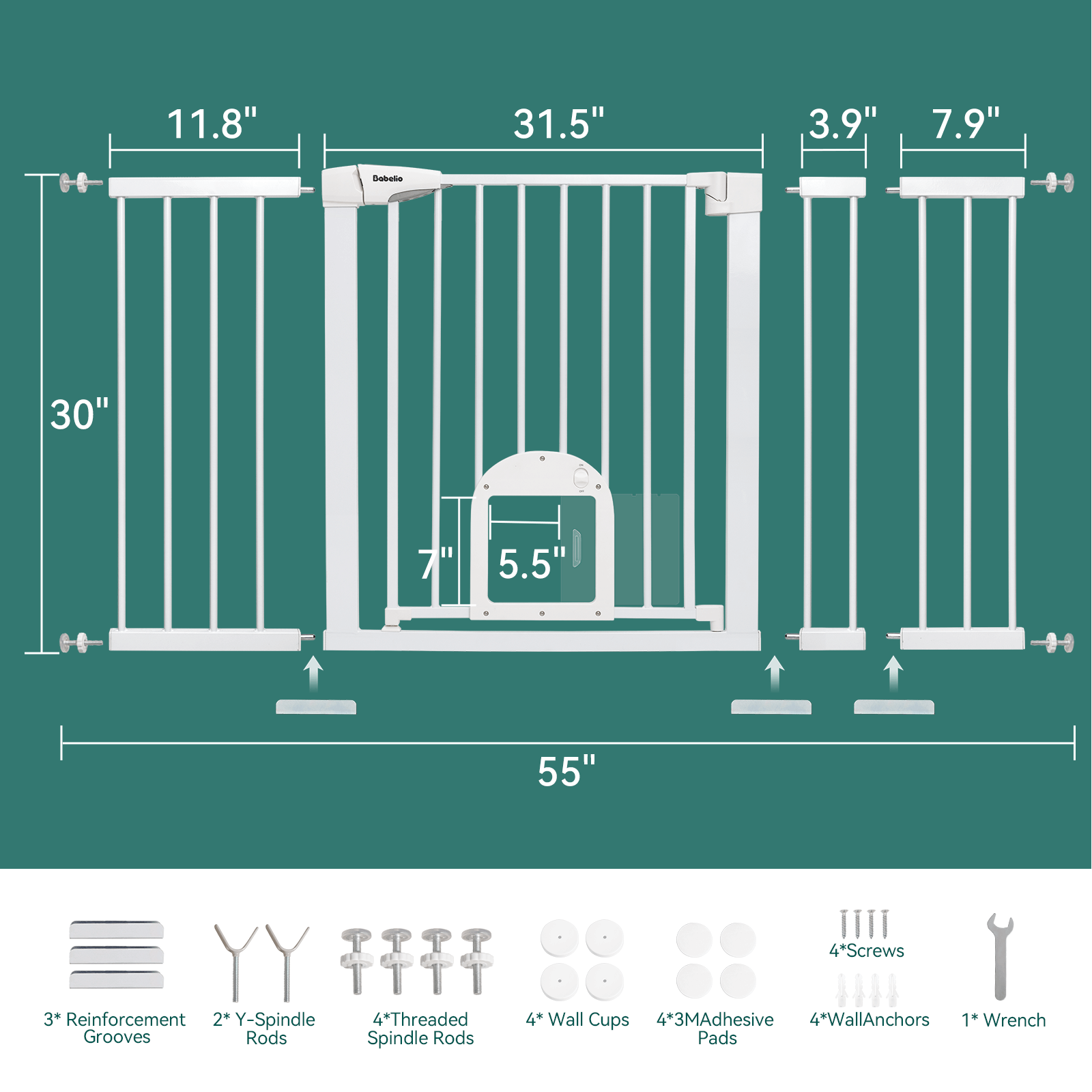 Babelio 31.5-55" Baby and Pet Gate with Cat Door, Auto-Close, Pressure-Mounted for Stairs and Doorways