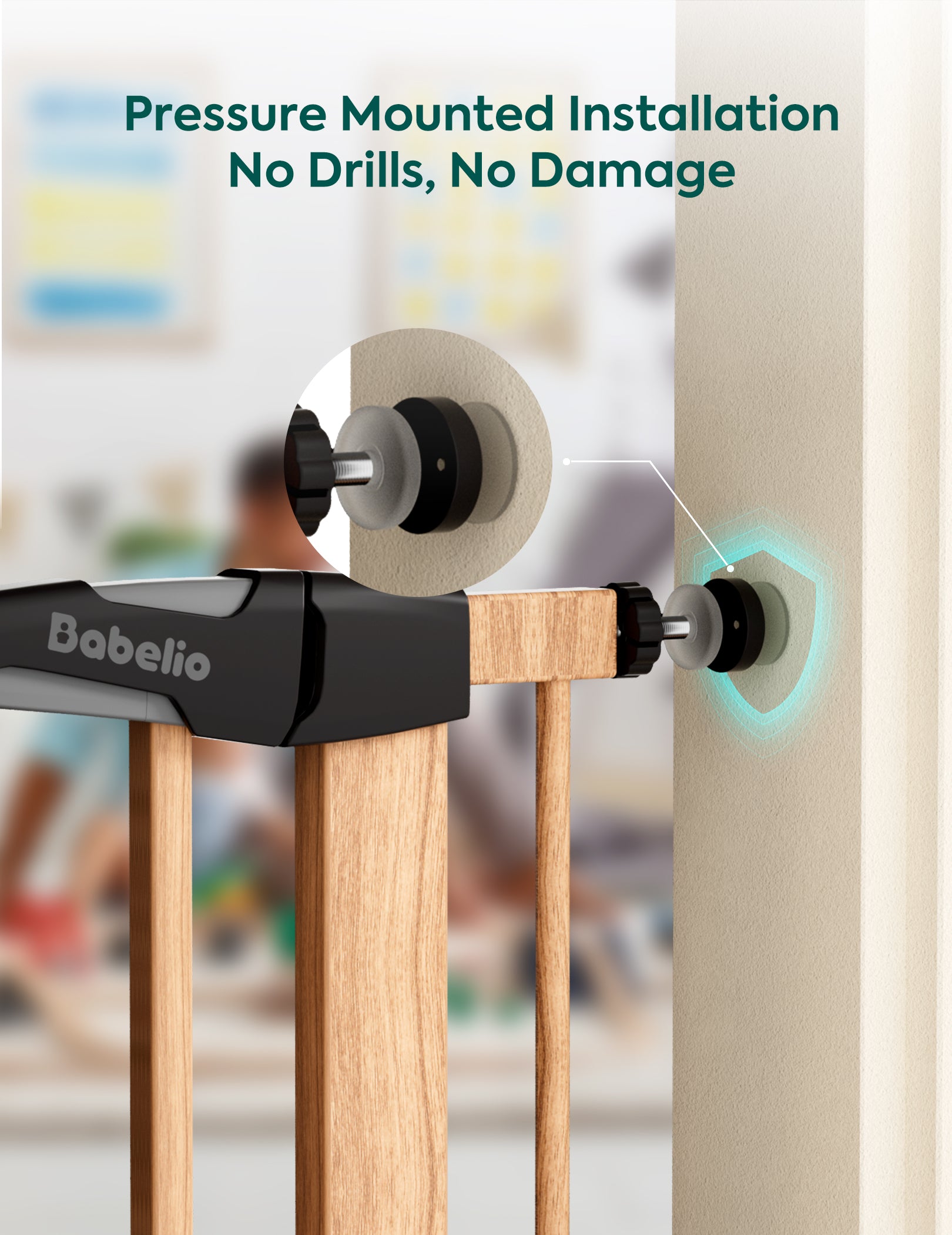 Babelio door stopper with text 'Pressure Mounted Installation No Drills, No Damage' on a blurred background.#Color_Wood Pattern
