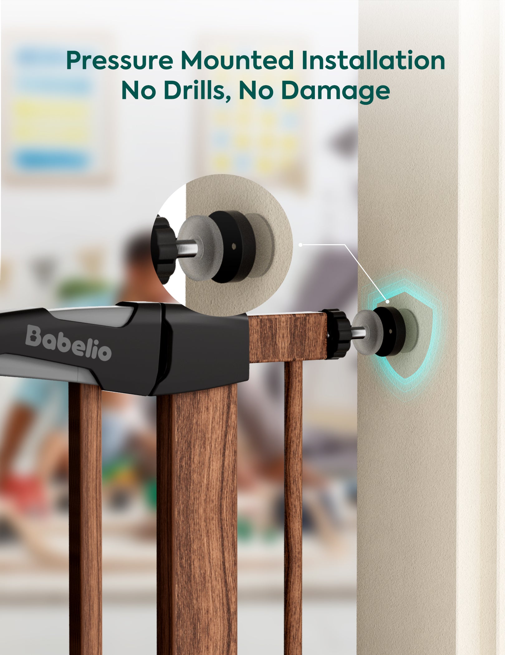 Babelio door stopper with text 'Pressure Mounted Installation No Drills, No Damage' on a blurred background.#Color_Brown Wood Pattern