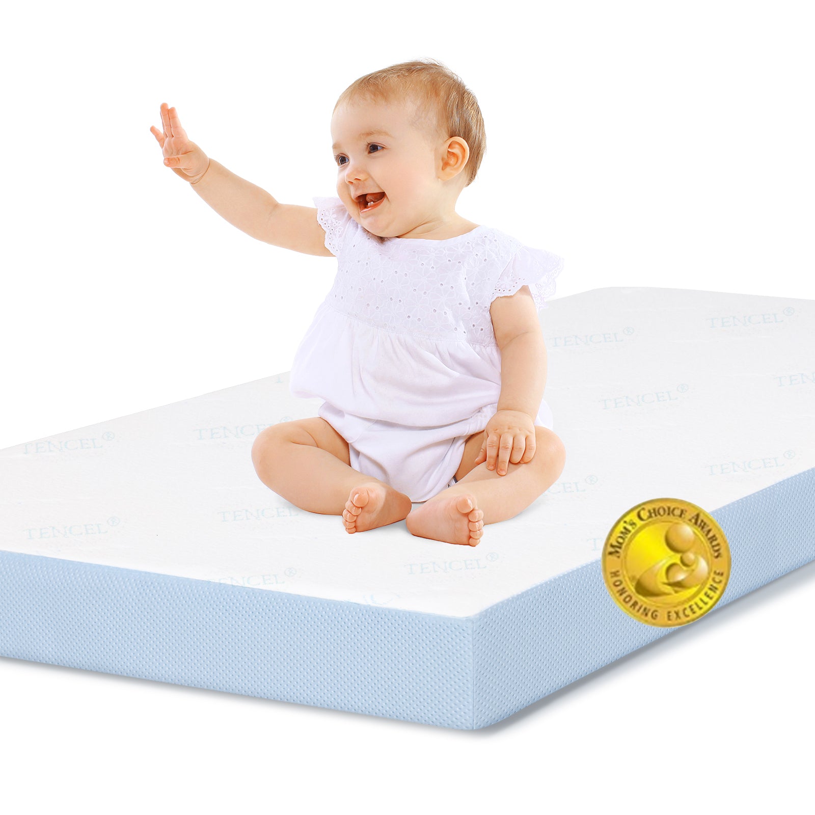Smiling baby on Babelio crib mattress with award badge, nursery bedding product