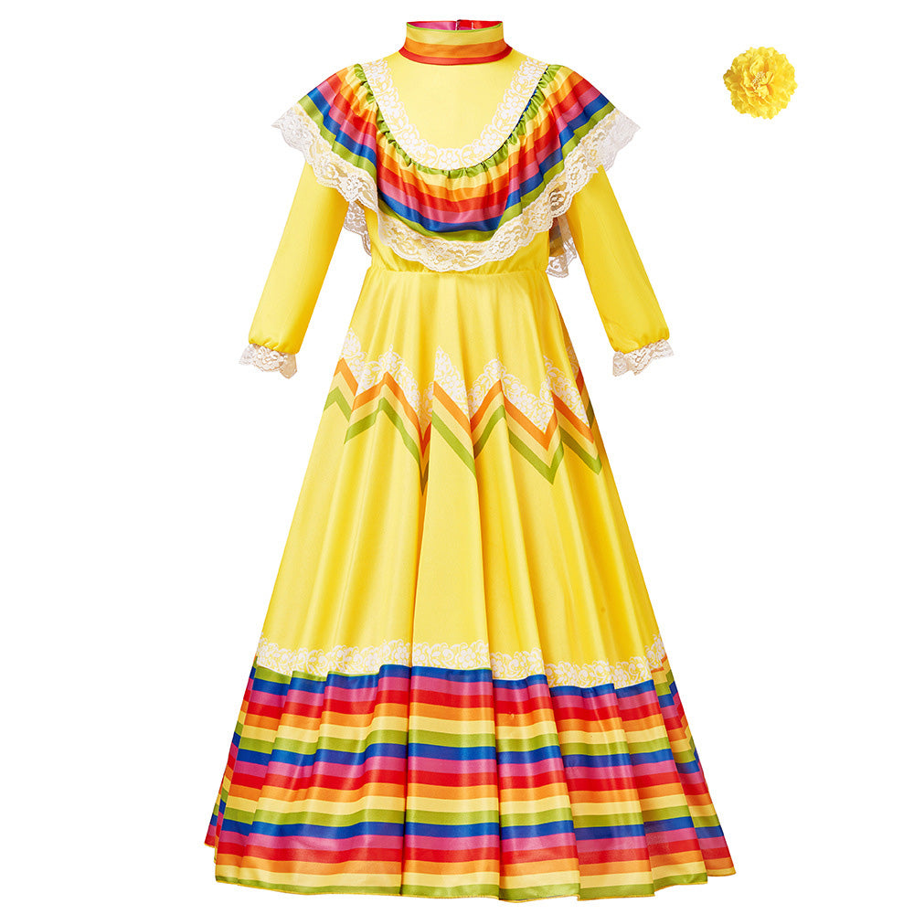 Tiny Cuddling Mexican Folk Dance Dress for Girls - Halloween Costume, School Performance Outfit, Traditional Long Skirt