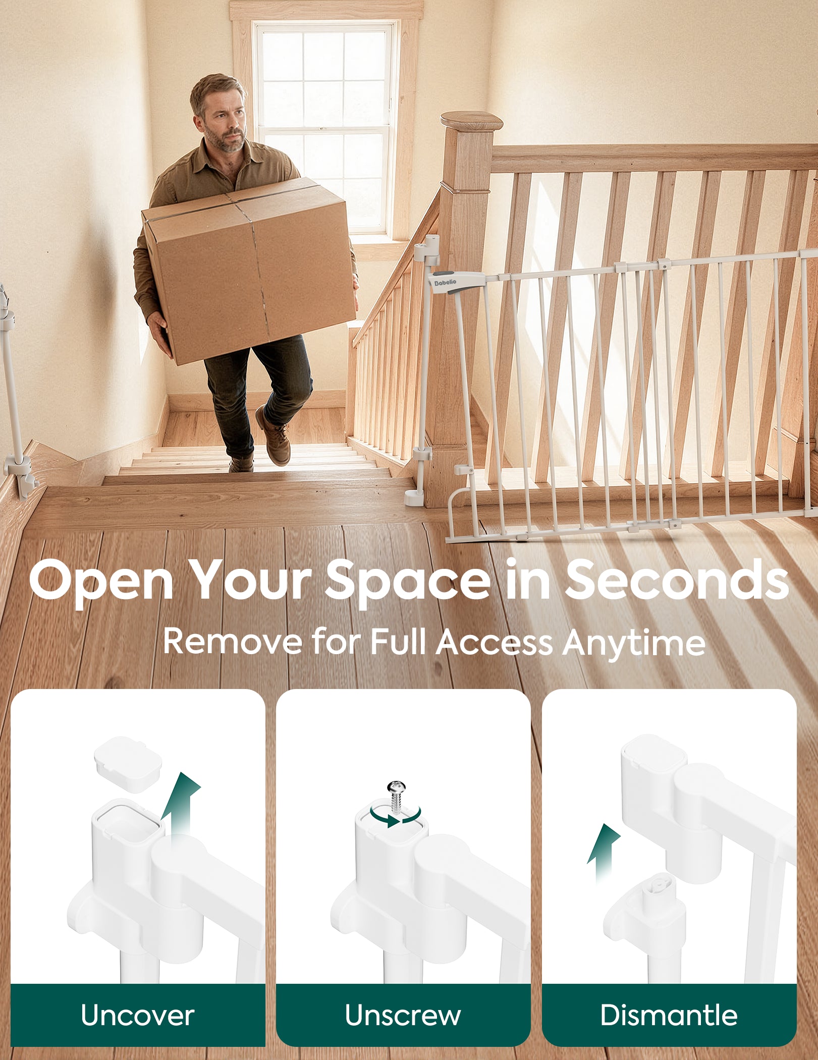 Man carrying a box in a room with a baby crib, promoting a product that can be opened quickly and removed for full access.#Color_White