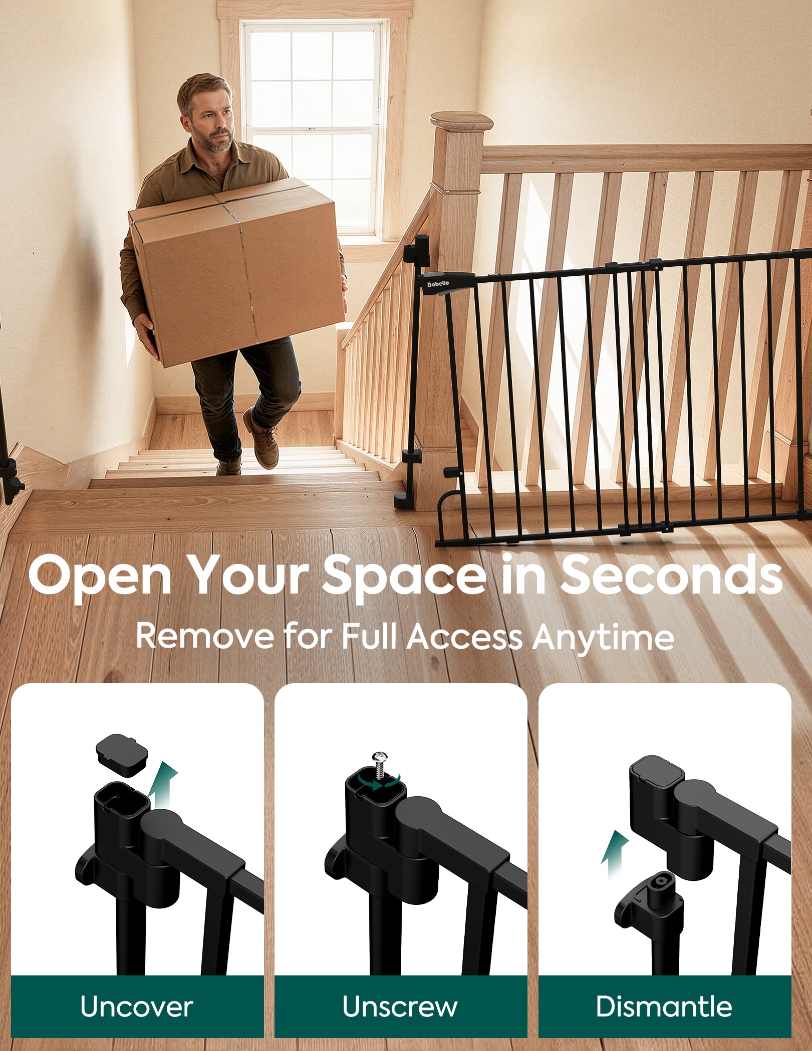 Man carrying a box up a staircase with a baby gate in the foreground, accompanied by text about gate features.#Color_Black