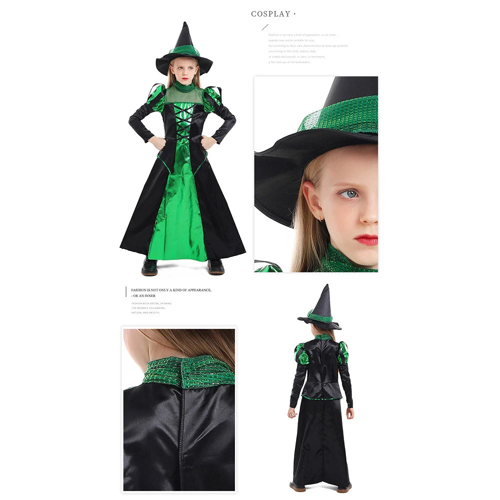 Tiny Cuddling Green and Black Witch Long Dress for Girls | 2024 Halloween Costume