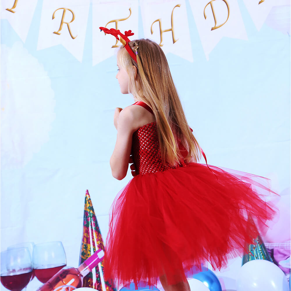 Charming Christmas Tulle Dress for Kids – Festive Red Bunny & Deer Santa Claus Themed Dress