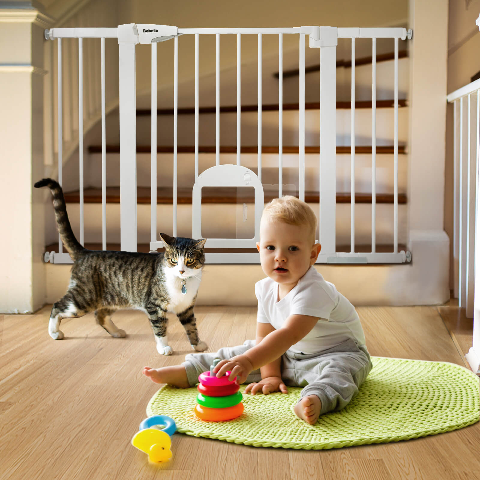 Babelio 29-48" Wide Baby and Pet Gate with Adjustable Cat Door – Easy One-Hand Open, Auto-Close, for Home Safety