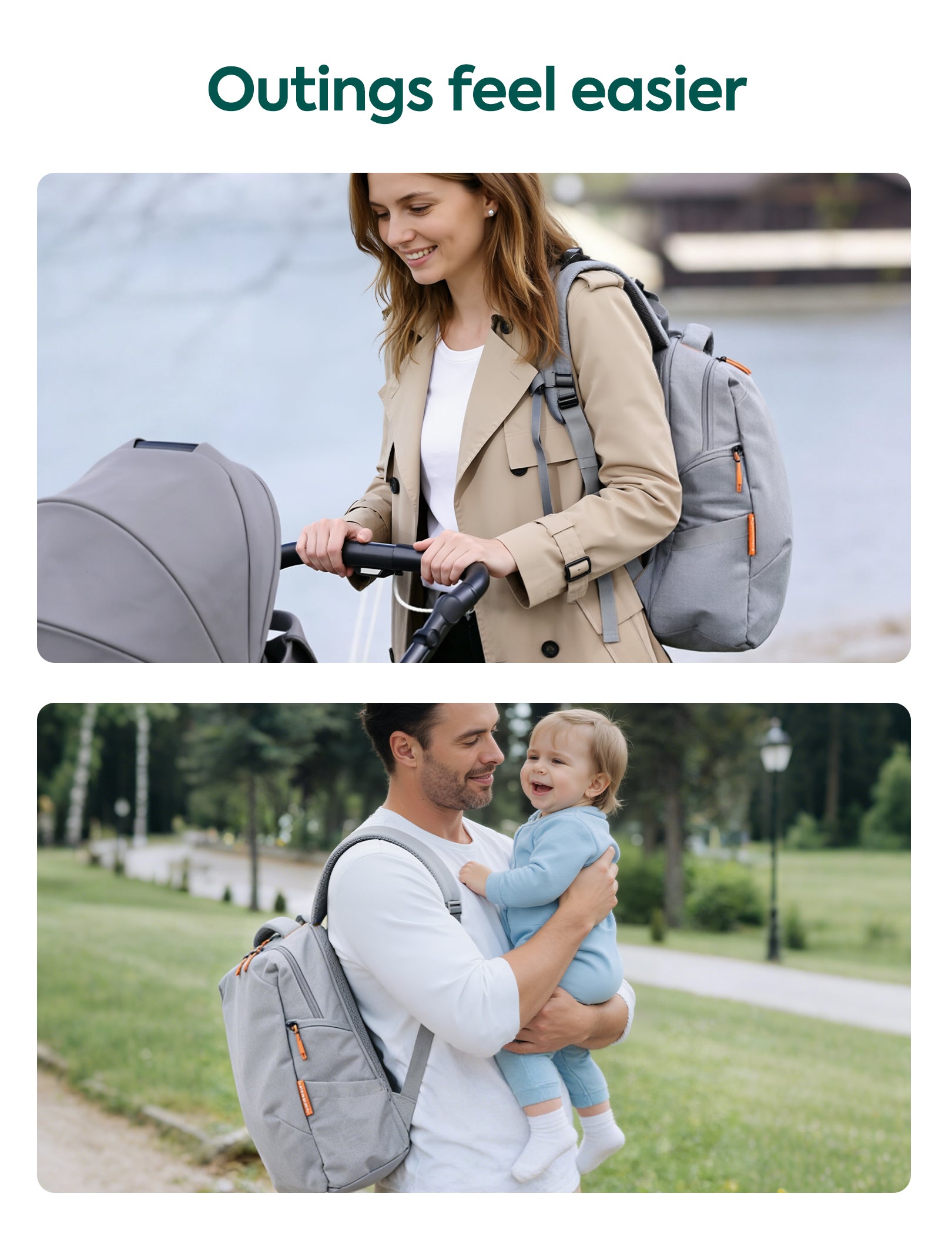 A gray backpack with orange zipper accents is shown being worn by a woman pushing a stroller and by a man holding a baby in an outdoor park setting. The text at the top reads 'Outings feel easier'.#Color_Grey