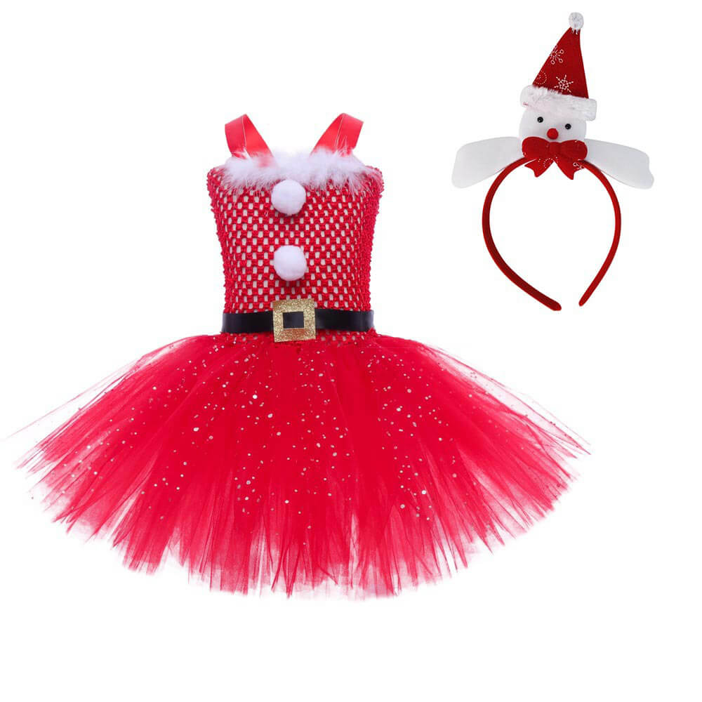 Sparkling Red Christmas Tutu Dress with Sequins - Children's Elf Princess Costume with Headband
