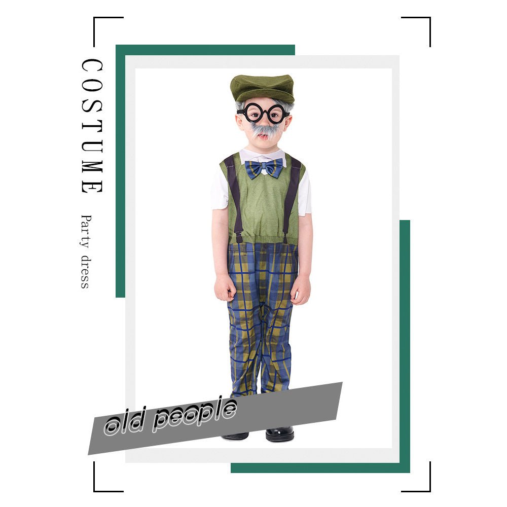 Tiny Cuddling Children's Grandpa Costume - Halloween Cosplay Old Man Outfit with Hat and Glasses, Plaid Pants, and Suspenders