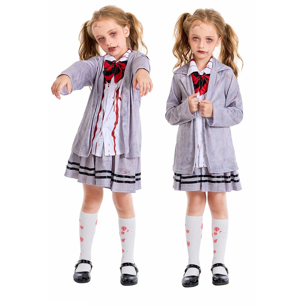 Tiny Cuddling Gray Vampire Student Uniform for Kids | 2024 Halloween Costume