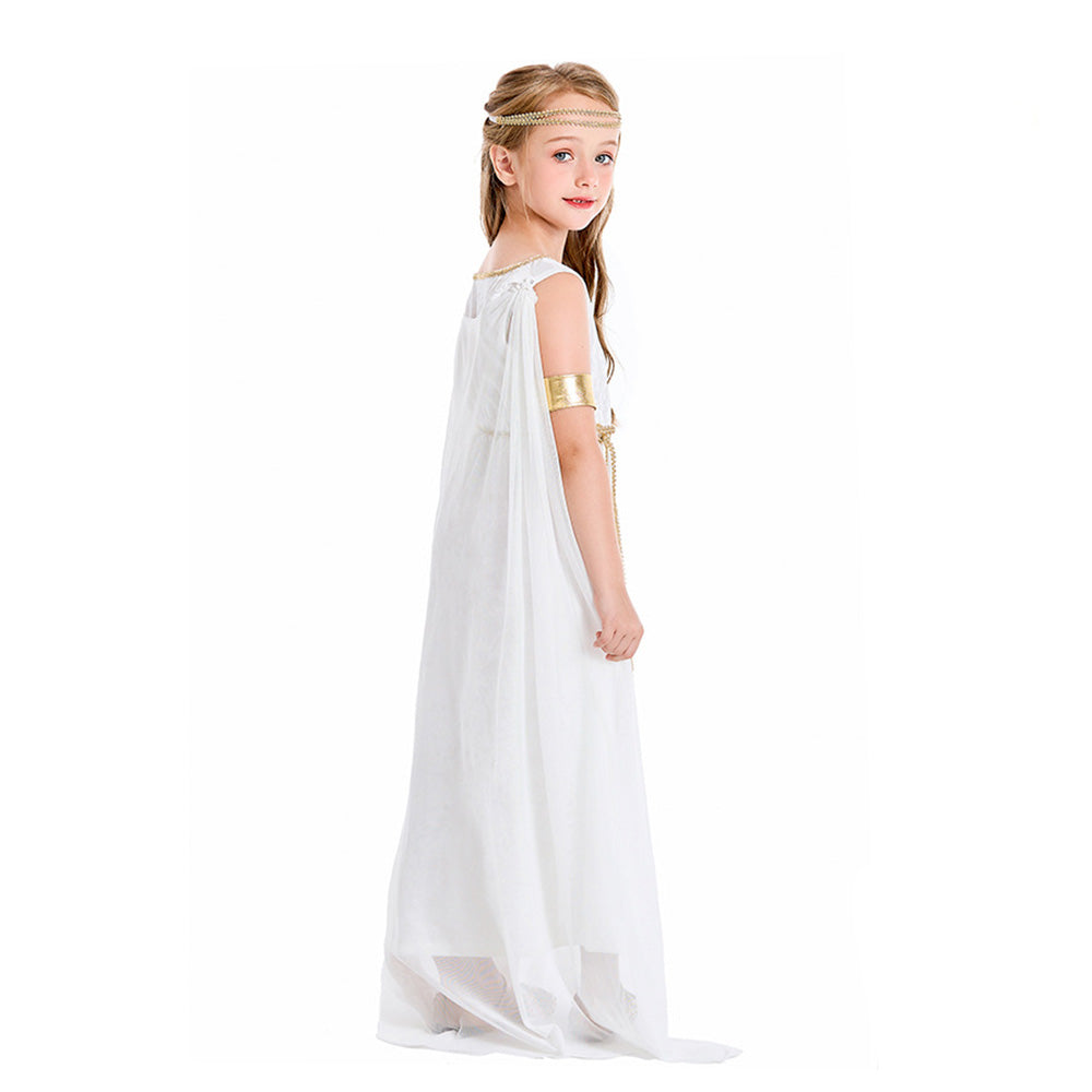 Tiny Cuddling Greek Mythology Inspired Girls' White Gown with Golden Cape 鈥?Perfect for Halloween and Costume Parties