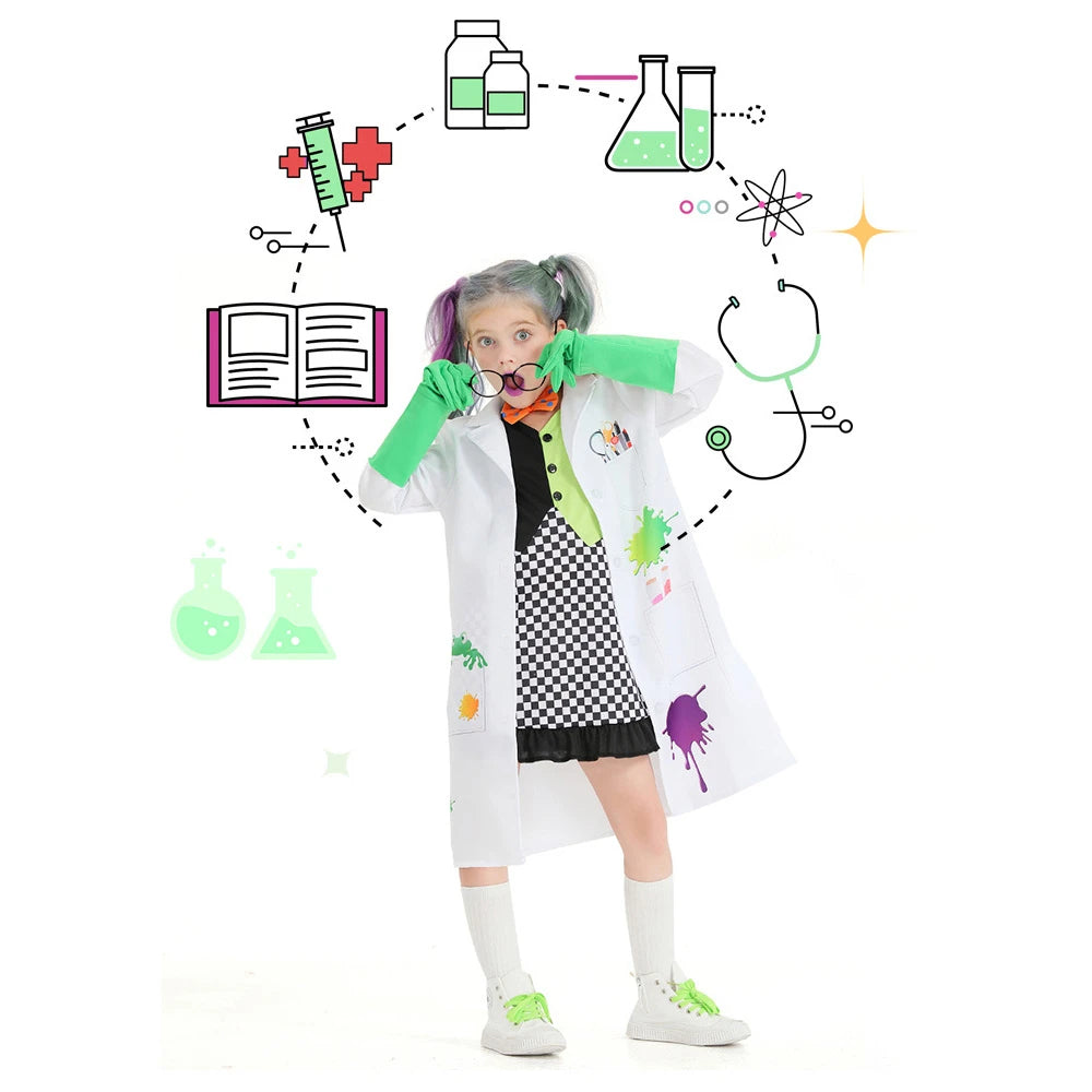 Tiny Cuddling Mad Scientist Costume for Girls (Dress + Jacket + Gloves + Accessories) | 2024 Halloween Costume