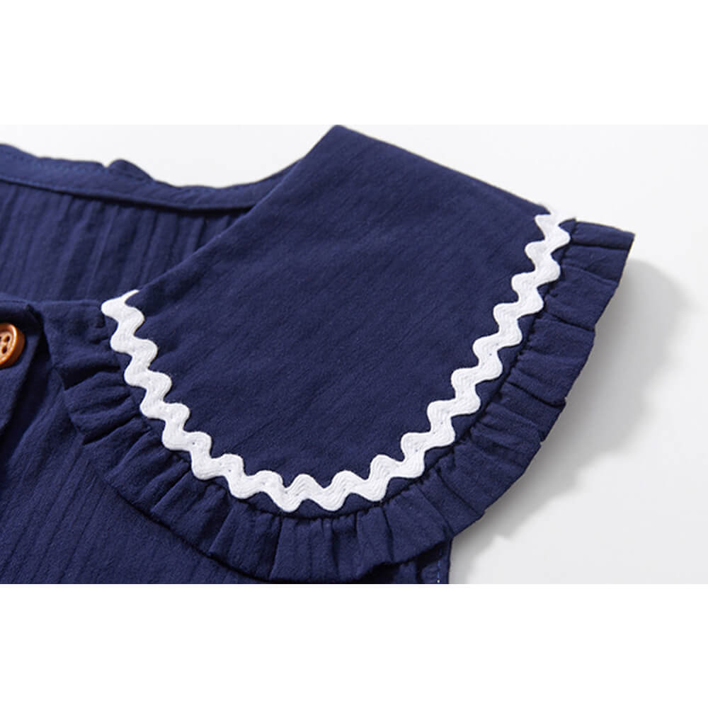 Navy Blue Cotton Princess Dress with Contrast Peter Pan Collar for Girls