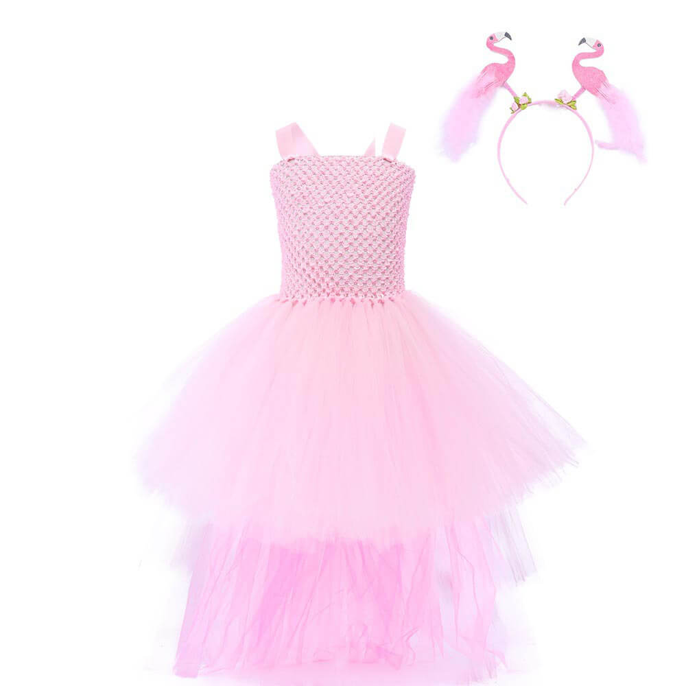 Enchanting Flamingo Princess Tulle Gown for Girls – Pink Tiered Tutu Dress with Tail for Pageants & Photoshoots