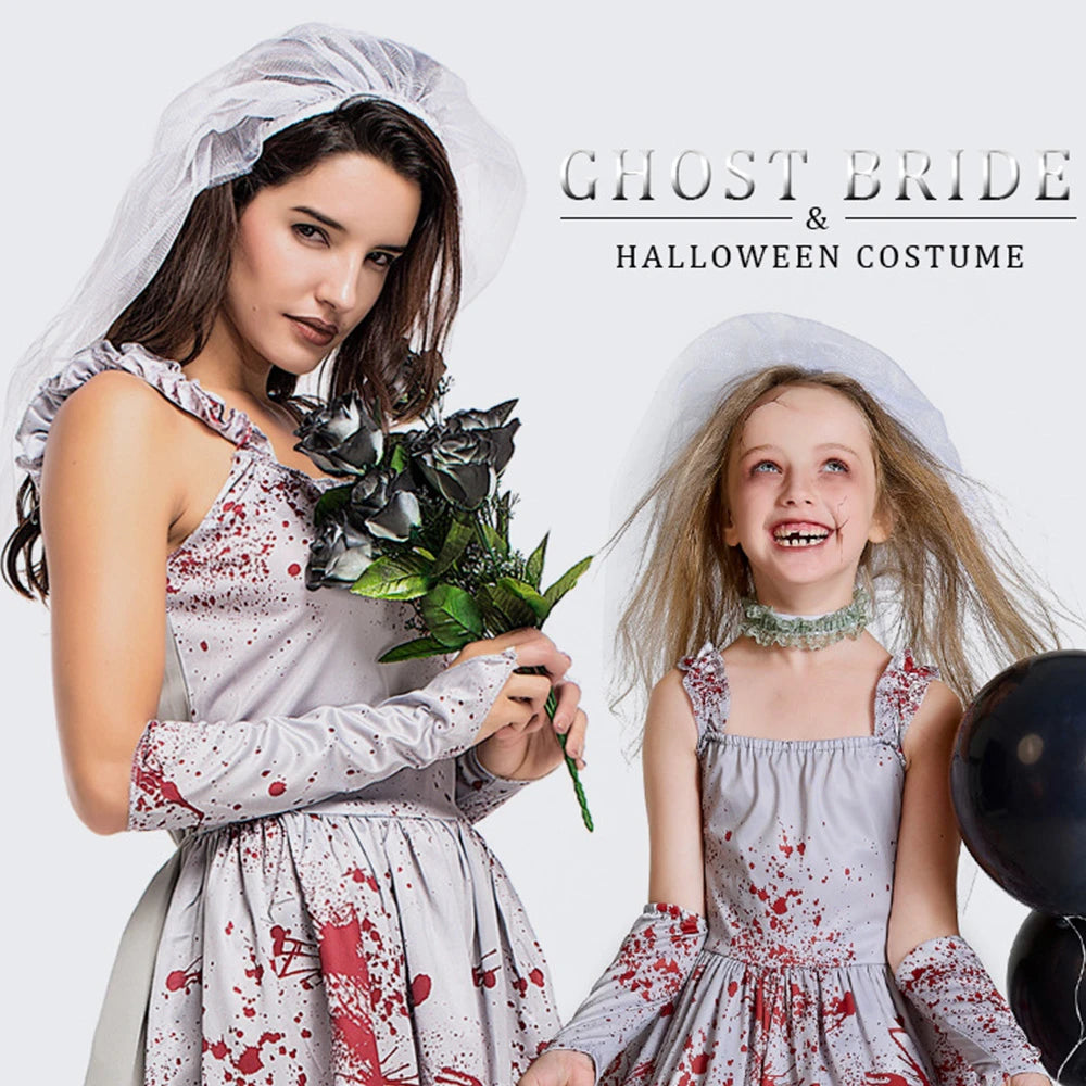 Tiny Cuddling Gray Bloodstained Ghost Bride Costume for Girls | 2024 Halloween Costume