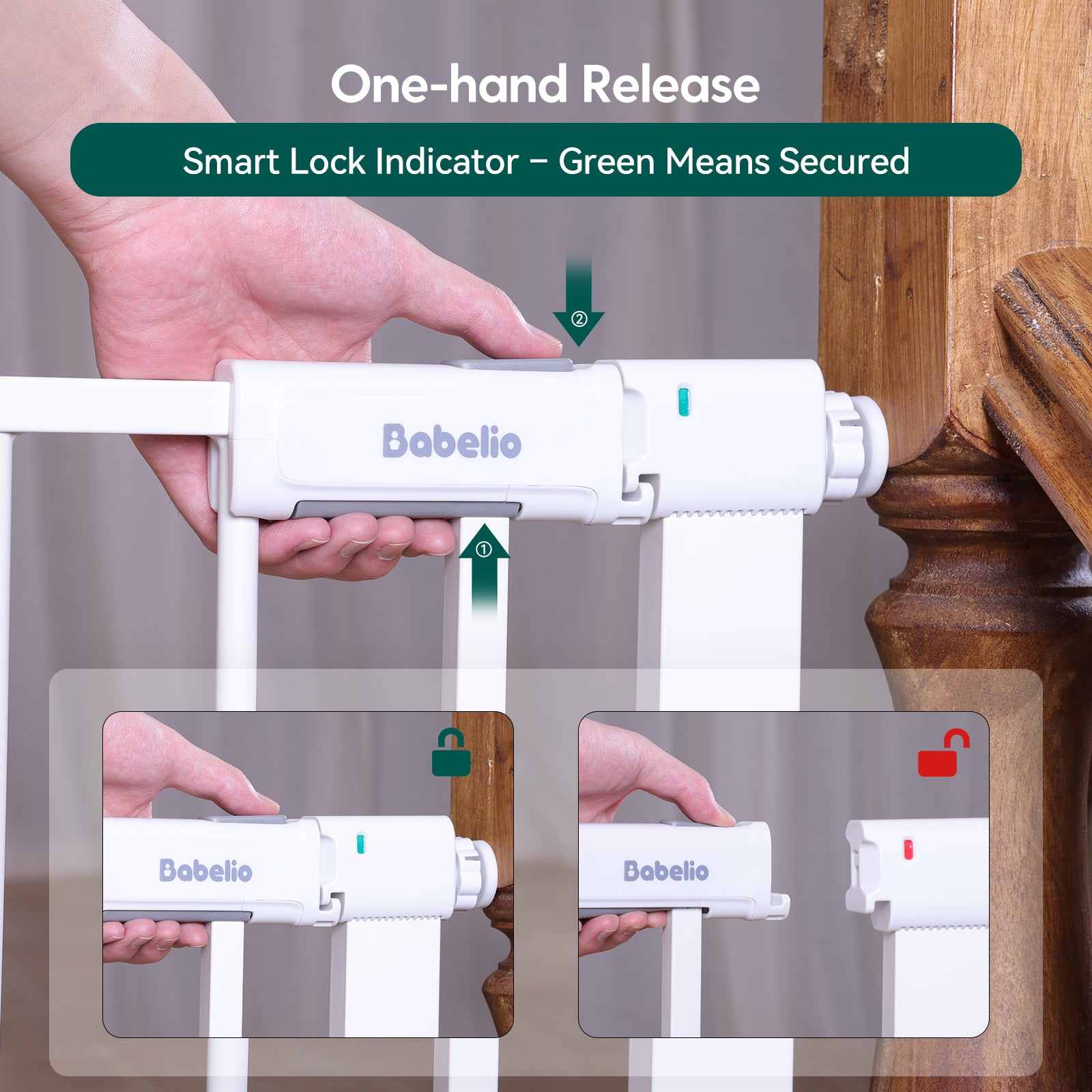Babelio smart lock with one-hand release mechanism and green indicator light.#Color_White