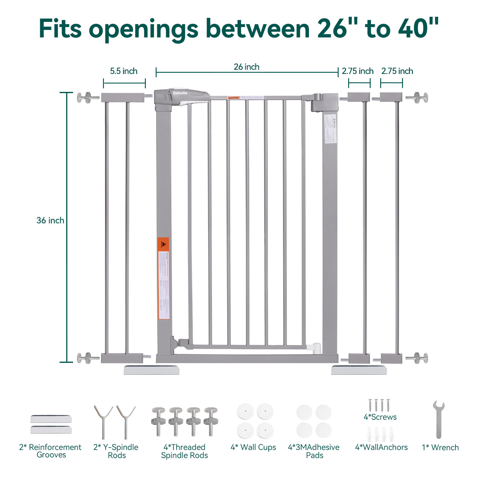 Babelio 36" High Adjustable Metal Baby/Pet Gate – 26-40" Wide, Auto-Close, Easy Install, Safe for Home Use