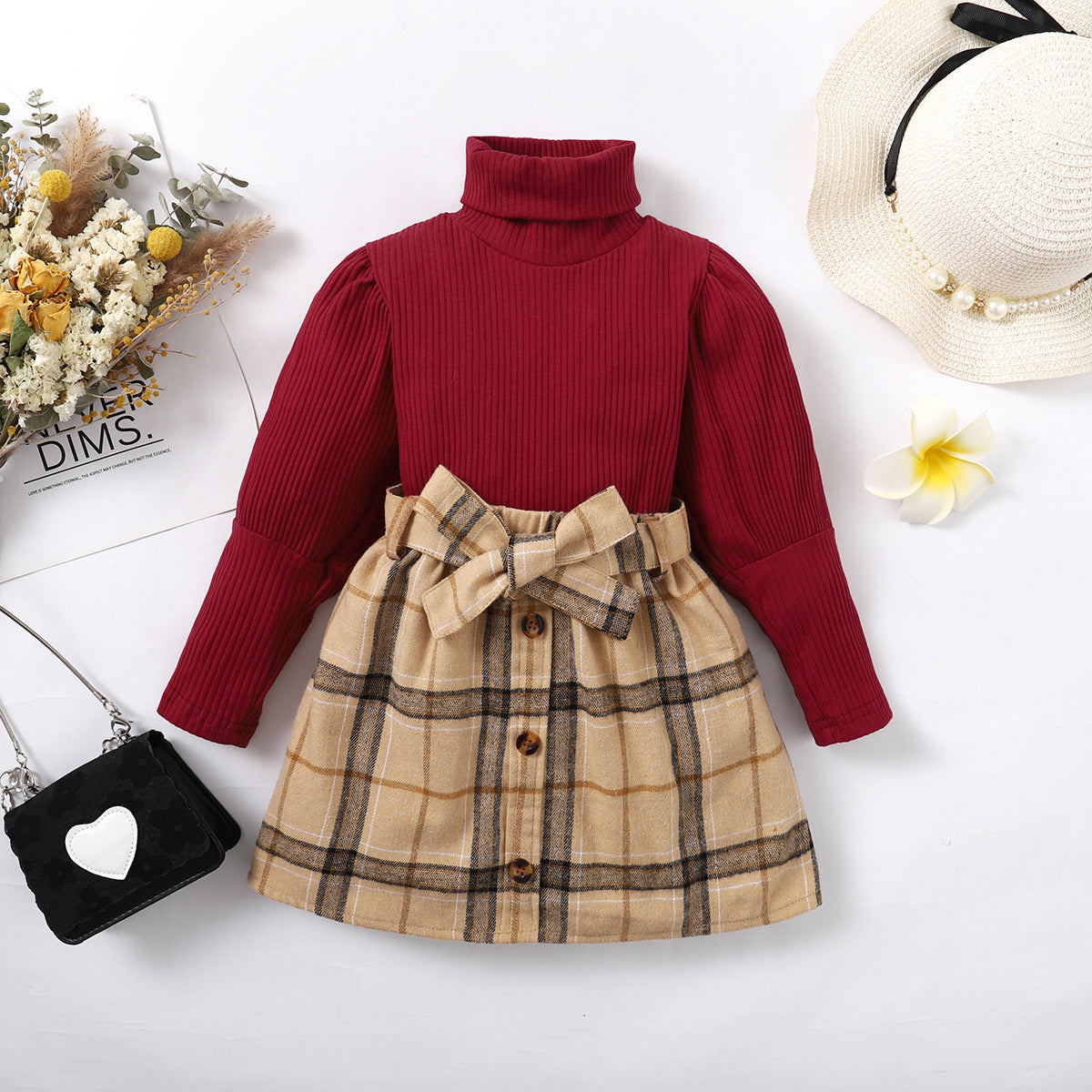 Tiny Cuddling Girls' Autumn And Winter Solid Color Long-sleeved Top Plaid Skirt Two-piece Suit