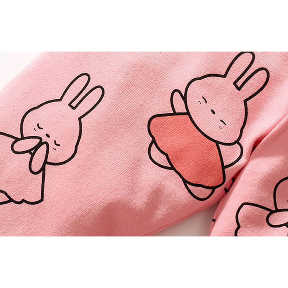 Summer Pink Cotton Bunny Set for Girls - Short Sleeve Top & Printed Leggings