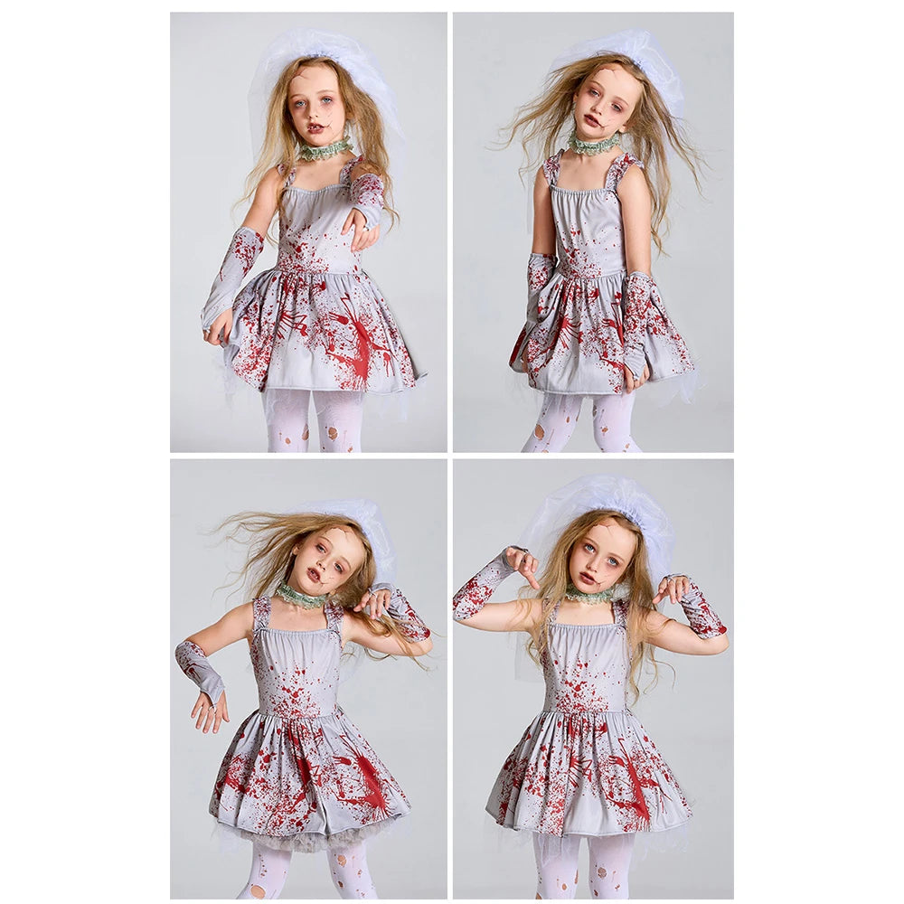 Tiny Cuddling Gray Bloodstained Ghost Bride Costume for Girls | 2024 Halloween Costume