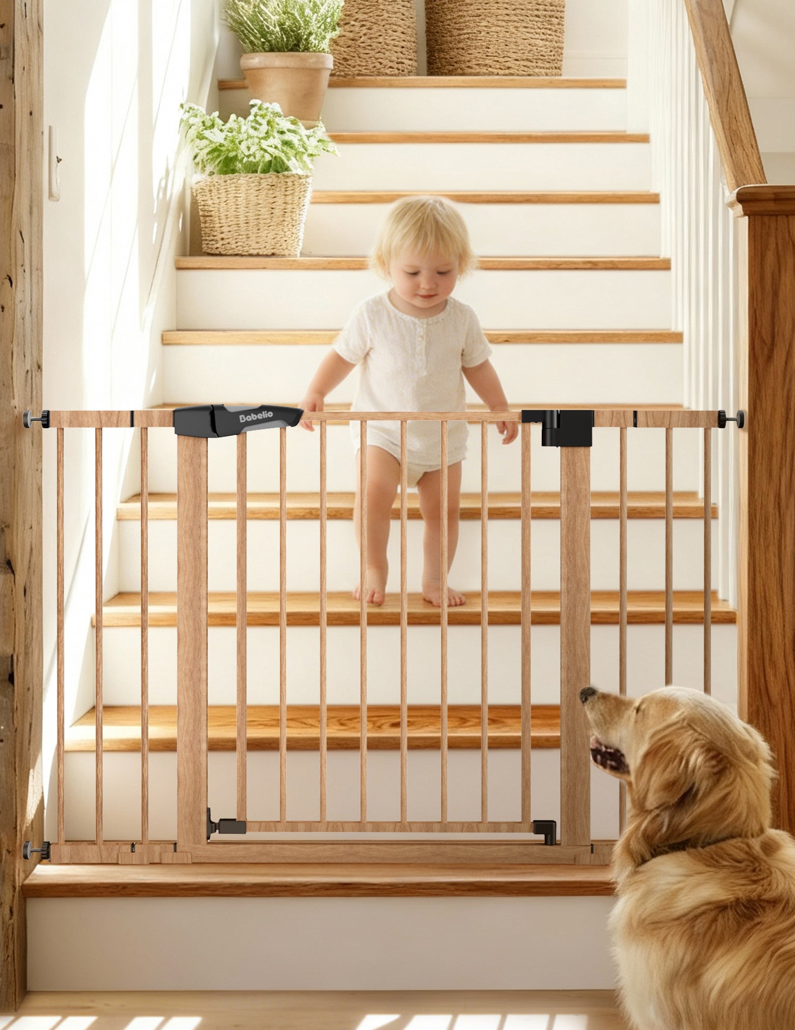 Child standing on a staircase with a safety gate, accompanied by a dog.#Color_Wood Pattern