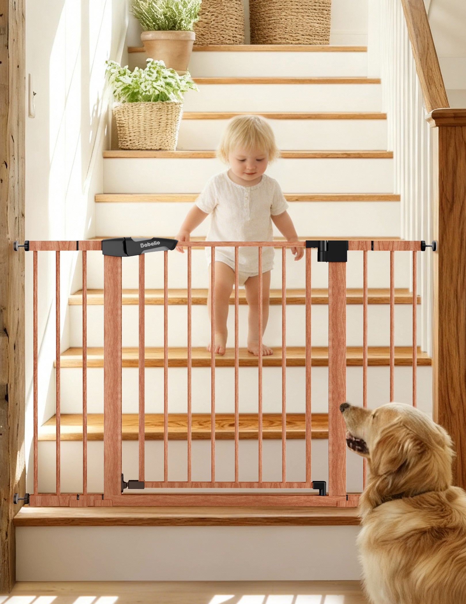 Child standing on a staircase with a safety gate, accompanied by a dog.#Color_Wood Pattern