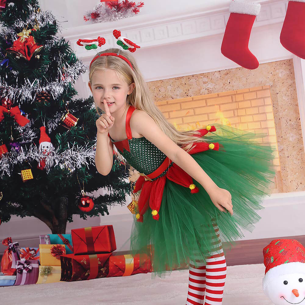 Jolly Elf Christmas Party Dress for Kids – Festive Red and Green Cosplay Tutu Outfit for Stage Performances & Holiday Fun