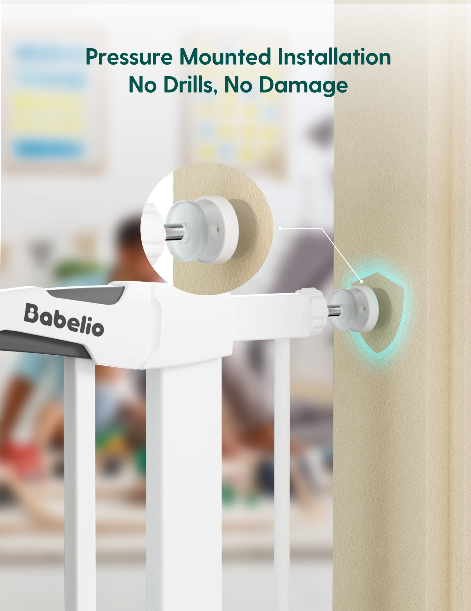 Babelio baby gate with pressure-mounted installation feature on a blurred indoor background#Color_White