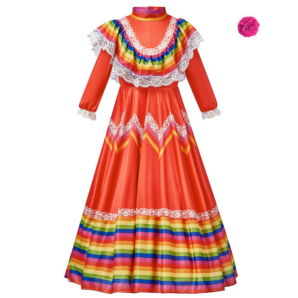 Tiny Cuddling Mexican Folk Dance Dress for Girls - Halloween Costume, School Performance Outfit, Traditional Long Skirt