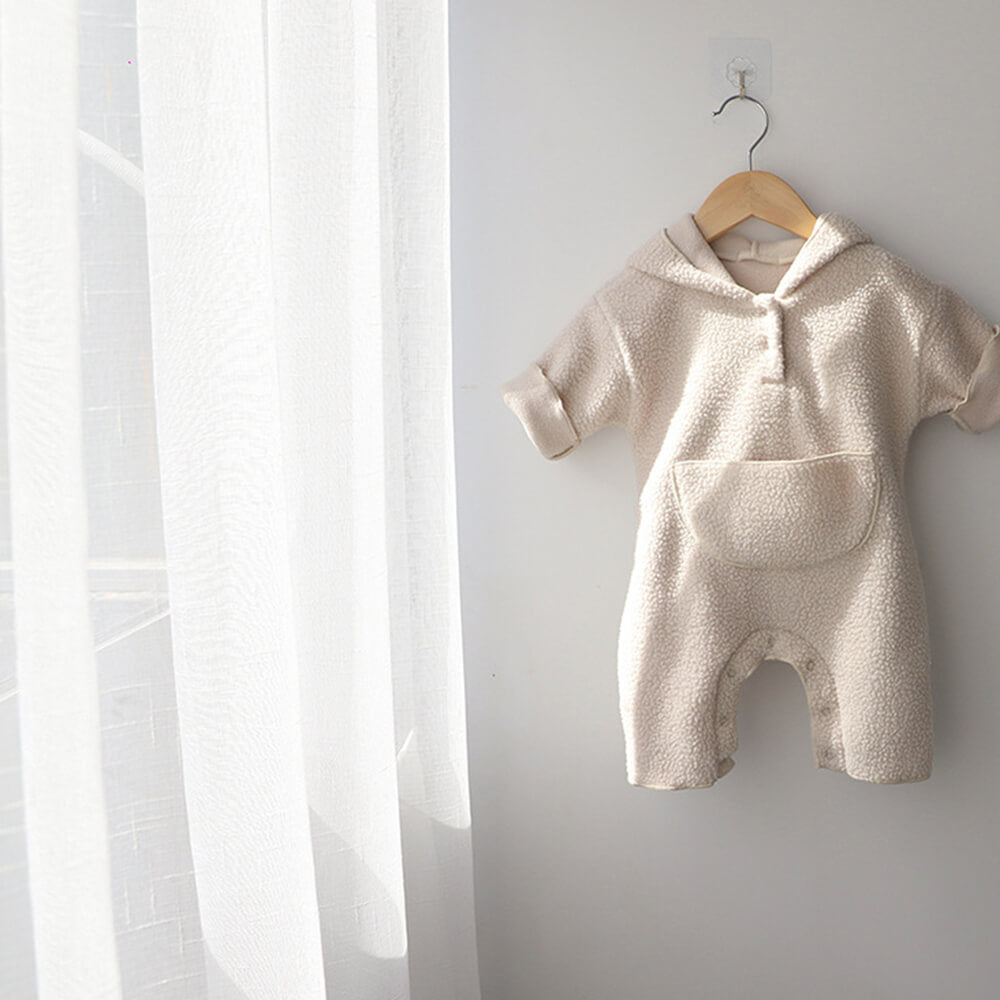 Thick Hooded Fleece Baby Romper - Cozy Autumn Onesie with Kangaroo Pocket