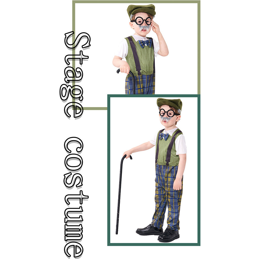 Tiny Cuddling Children's Grandpa Costume - Halloween Cosplay Old Man Outfit with Hat and Glasses, Plaid Pants, and Suspenders