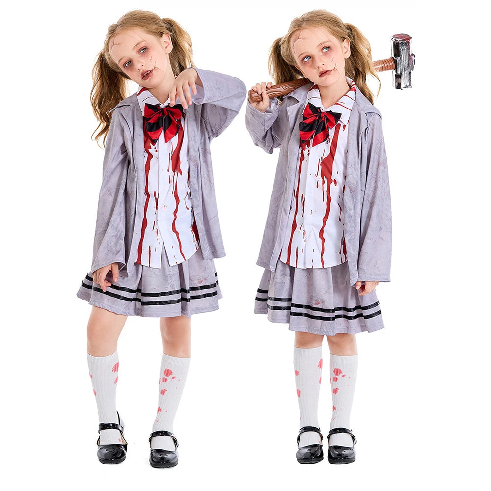 Tiny Cuddling Gray Vampire Student Uniform for Kids | 2024 Halloween Costume