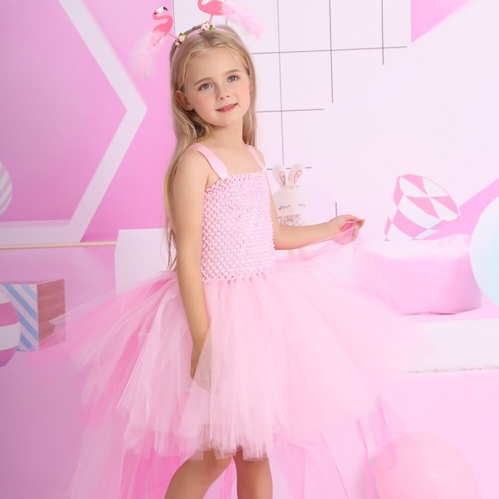 Enchanting Flamingo Princess Tulle Gown for Girls – Pink Tiered Tutu Dress with Tail for Pageants & Photoshoots