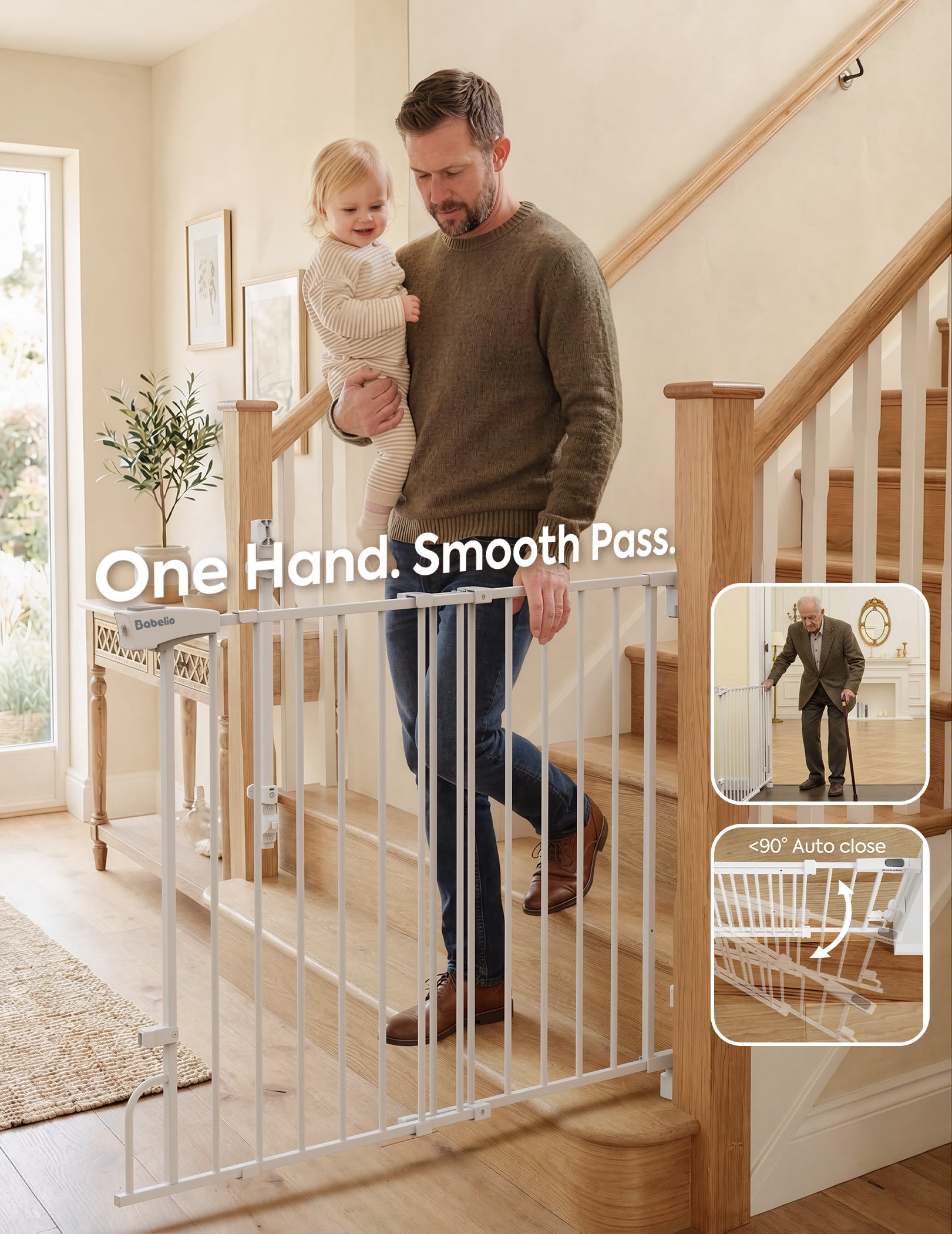 A man in a home hallway holds a toddler behind a white stair gate while walking up wooden stairs. The image includes marketing text reading 'One Hand, Smooth Pass.#Color_White