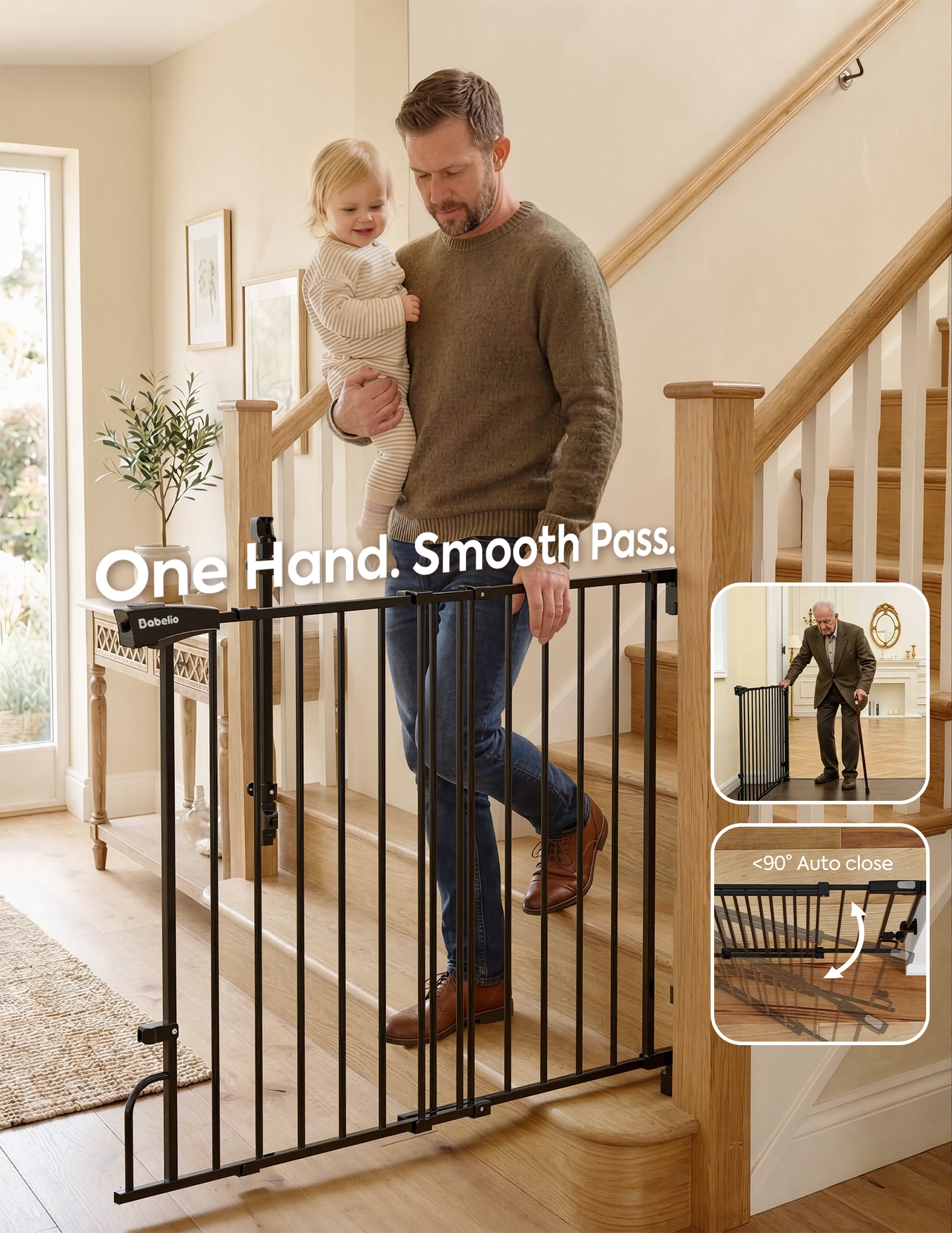 A man carrying a toddler behind a black metal stair gate in a home staircase hallway. The image includes the text 'One Hand.#Color_Black