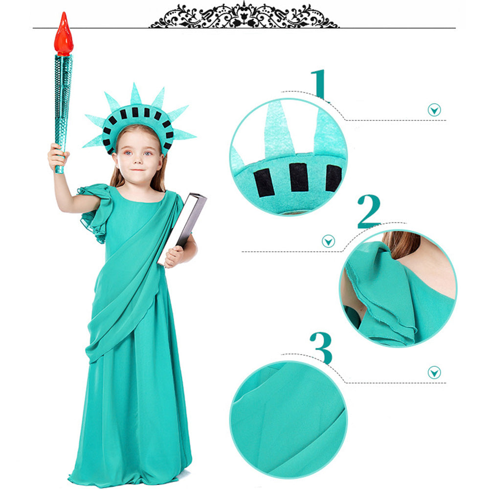 Tiny Cuddling Girls' Statue of Liberty Costume - Kids' Greek Goddess Gown with Torch and Crown - Halloween and Stage Performance Dress