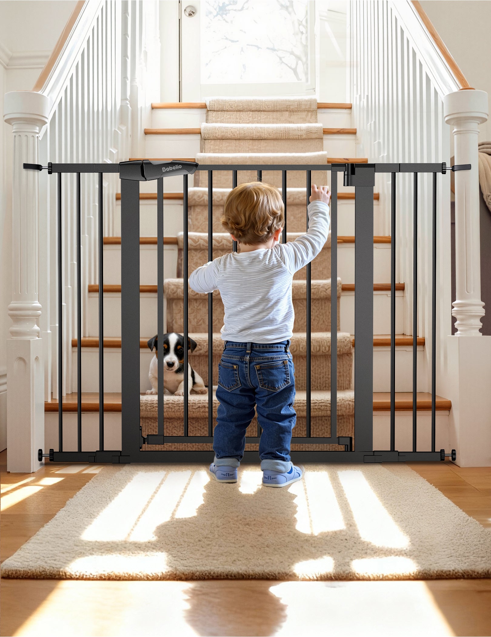 Child standing next to a stair gate with a dog on a staircase#Color_Black