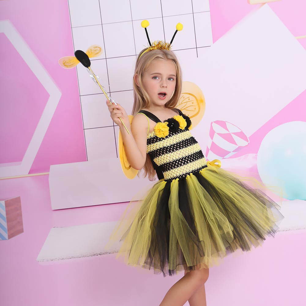 Charming Bumblebee Dress with Wings & Antennae Headband for Girls - Festive Cartoon Bee-Themed Dance Costume