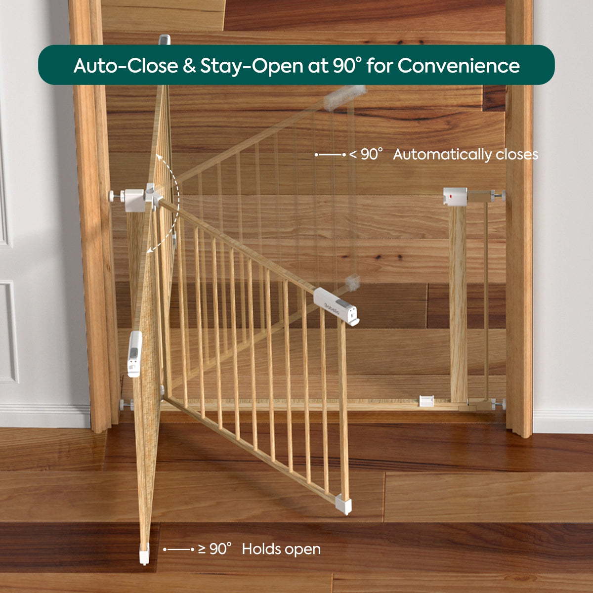A light natural wood baby safety gate installed in a wooden door, shown open with overlaid text explaining its auto-close and stay-open features at 90 degrees.#Color_Light Wood Pattern