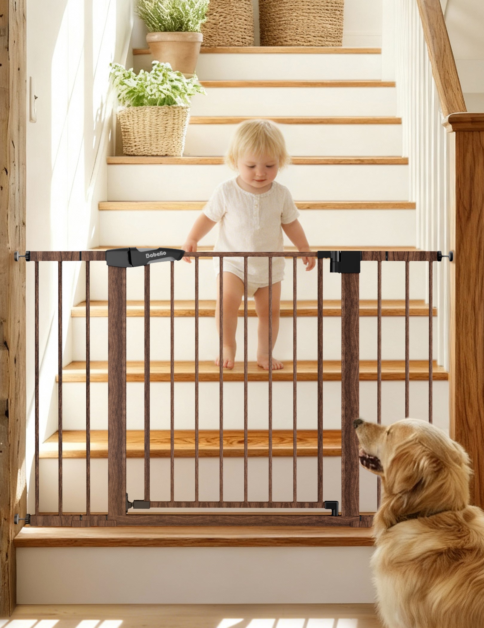 Child standing on a staircase with a safety gate, accompanied by a dog.#Color_Brown Wood Pattern