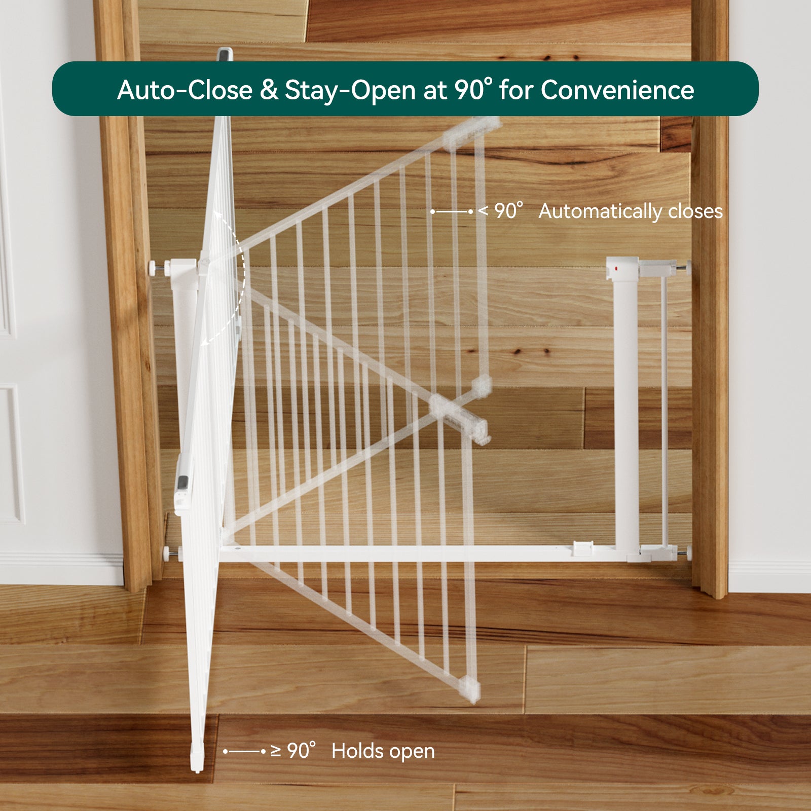 White baby gate with text indicating auto-close and stay-open features on a wooden door.#Color_White